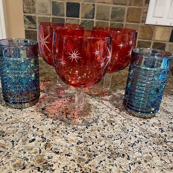 MCM Bartlett Collins Atomic Glasses and 2 Indiana Glass Blue Illuminated Glasses - Picture 2 of 16